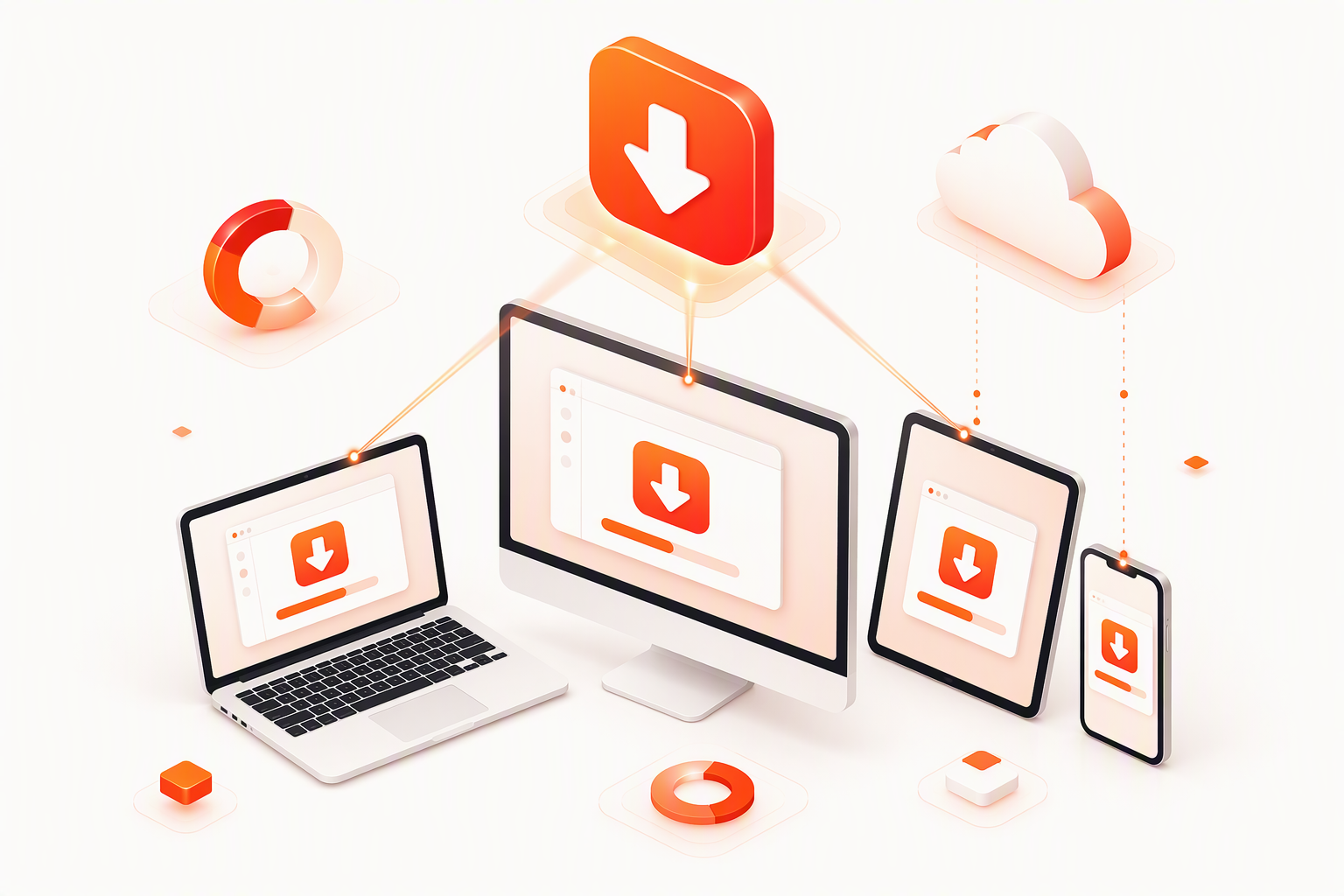 WPS Office 多设备下载场景插画:电脑、平板与手机同时安装